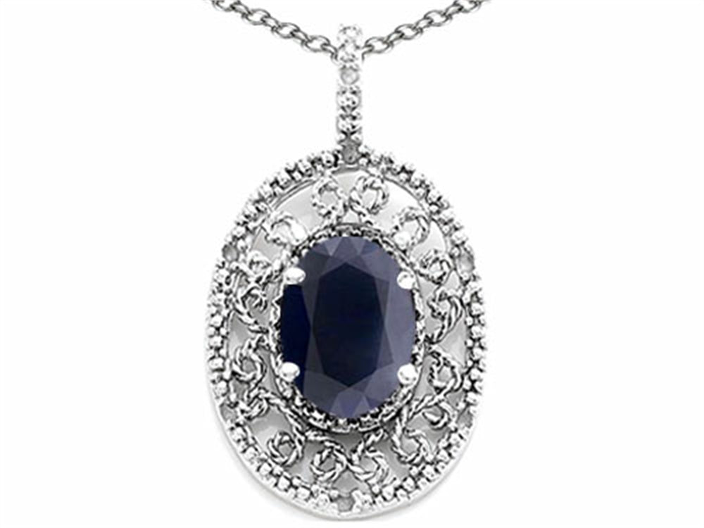 Tommaso Design Oval 9x7mm Genuine Black Sapphire Filigree Pendant Necklace