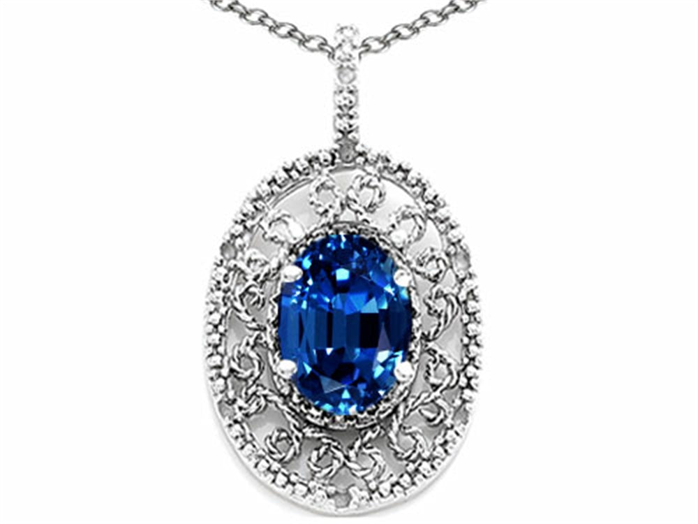 Tommaso Design Oval 9x7mm Created Blue Sapphire Filigree Pendant Necklace
