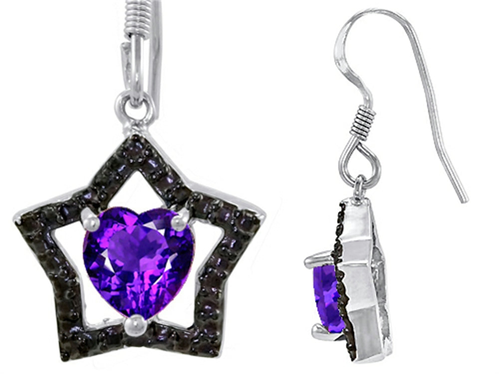 Star K 925 Heart Shaped Genuine Amethyst Black Star Hanging Hook Earrings