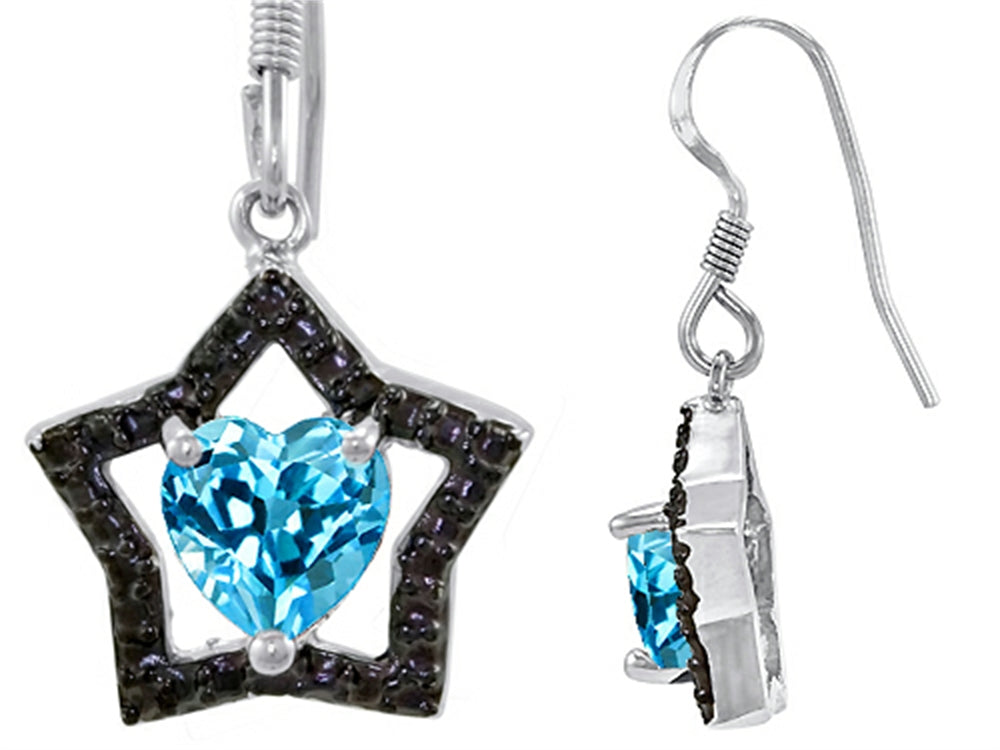 Star K 925 Heart Shaped Genuine Blue Topaz Black Star Hanging Hook Earrings