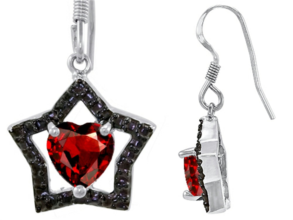 Star K 925 Heart Shaped Genuine Garnet Black Star Hanging Hook Earrings