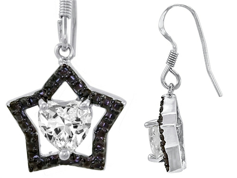 Star K 925 Heart Shaped Genuine Cubic Zirconia Black Star Hanging Hook Earrings