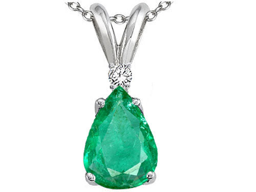 Tommaso Design Pear Shape Genuine Emerald and Diamond Pendant Necklace