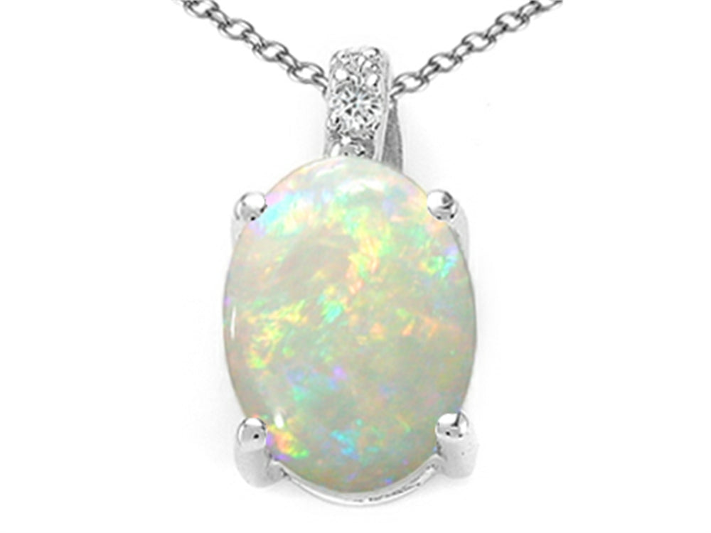 Tommaso Design Genuine Oval Opal and Diamond Pendant Necklace