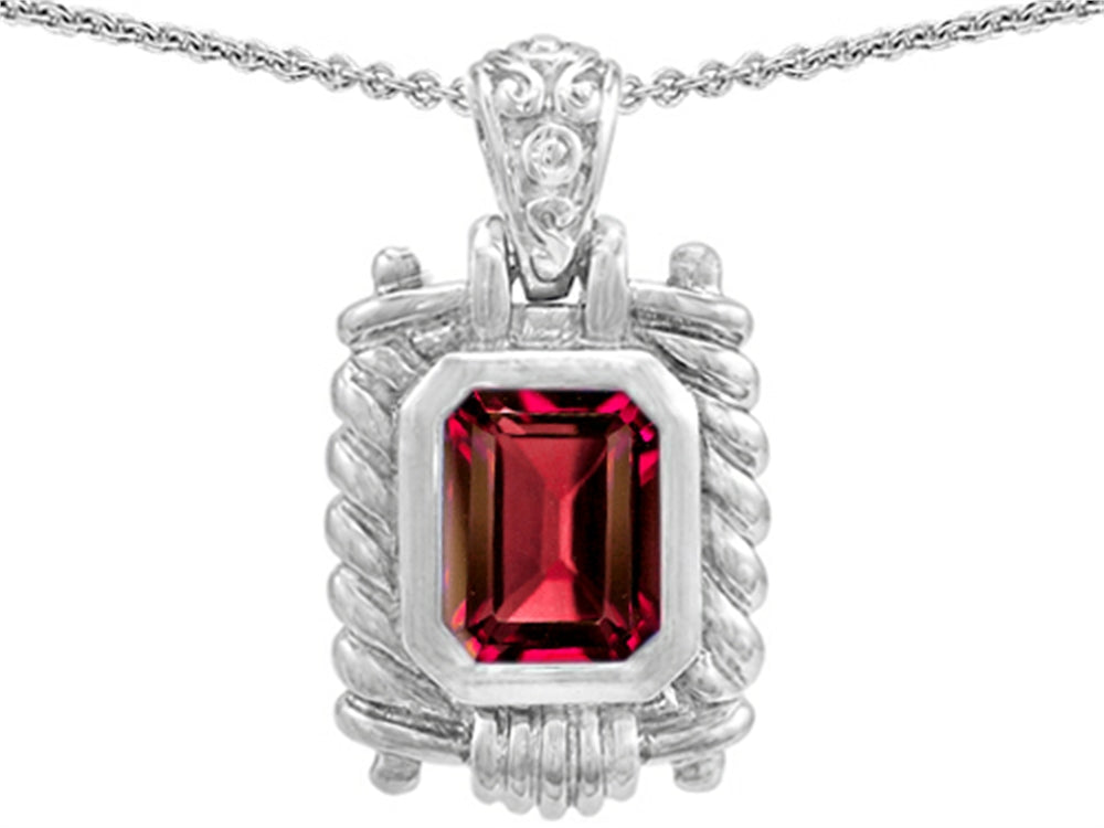 Star K Bali Style Emerald Cut 9x7mm Created Ruby Pendant Necklace