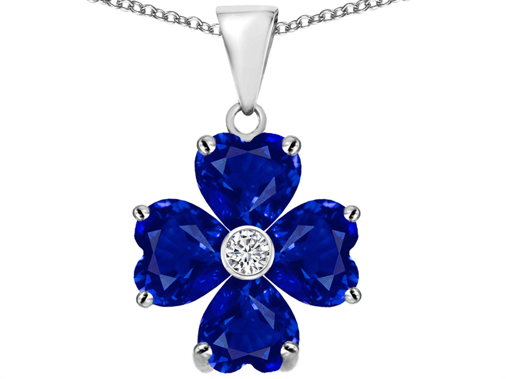 Star K 6mm Heart Shape Created Sapphire Lucky Clover Pendant Necklace