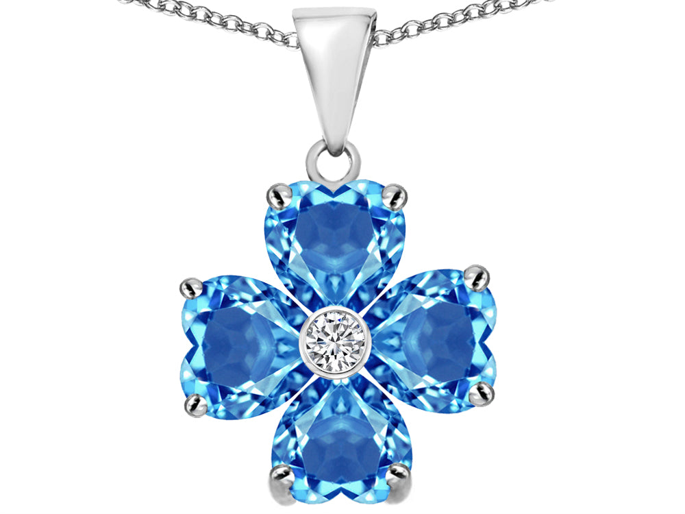 Star K 6mm Heart Shape Simulated Blue Topaz Lucky Clover Pendant Necklace