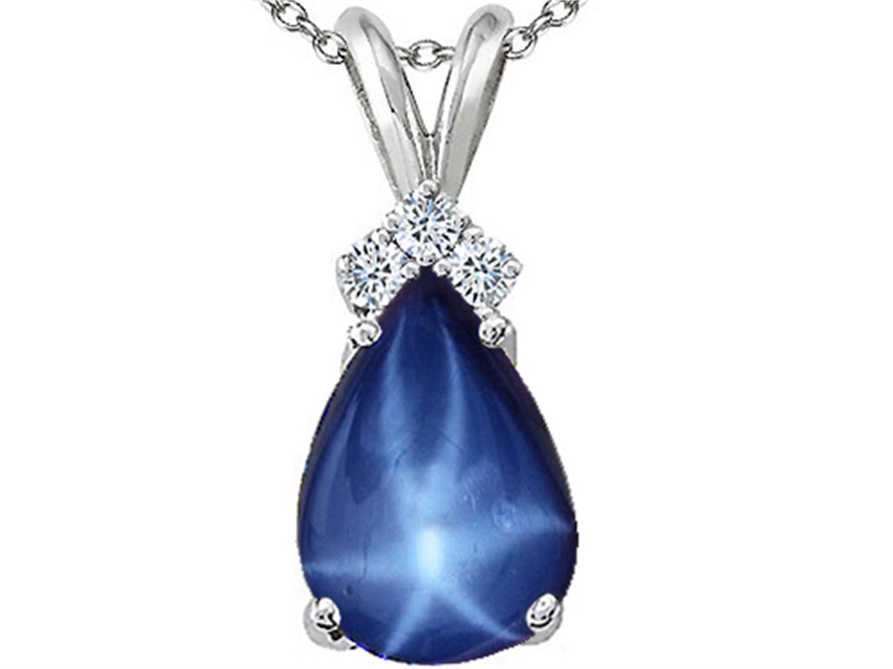 Tommaso Design Pear Shape Created 10x7mm Star Sapphire and Diamond Pendant Necklace