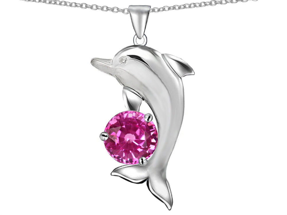 Star K Round 7mm Created Pink Sapphire Good Luck Dolphin Pendant Necklace