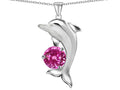 Star K Round 7mm Created Pink Sapphire Good Luck Dolphin Pendant Necklace