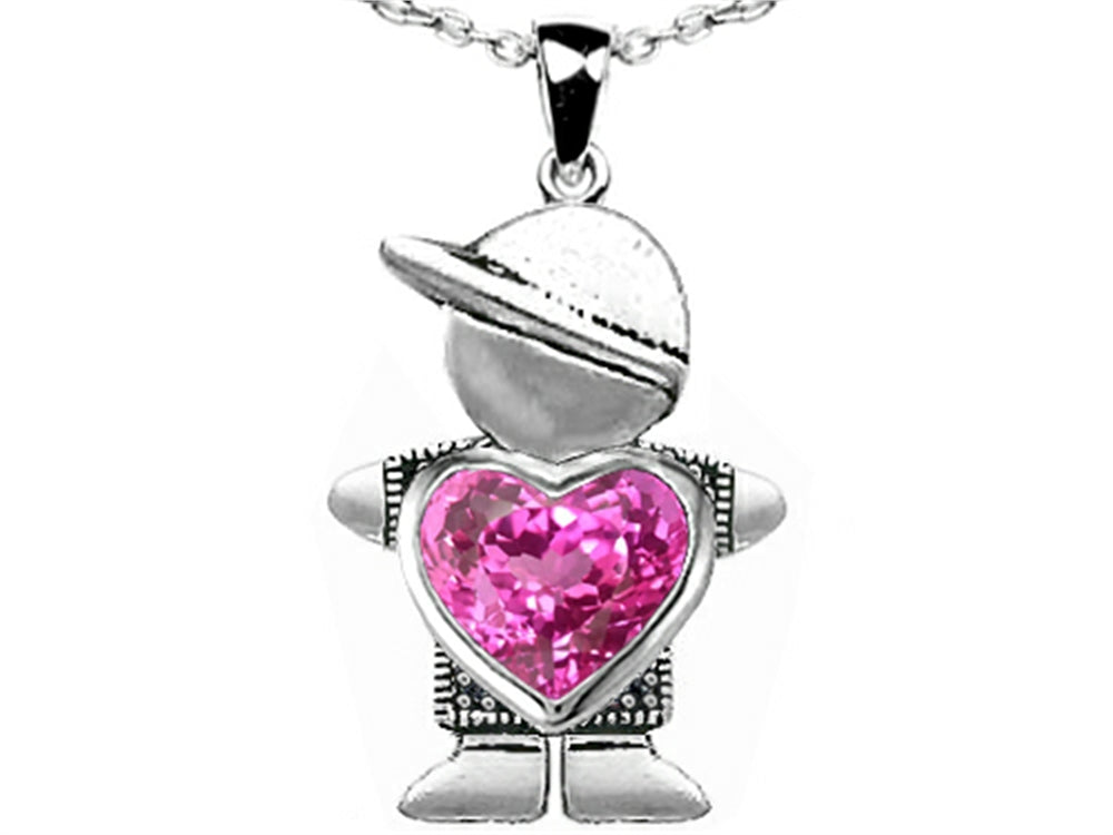Star K Boy Holding 8mm Mother Heart September Birth Month Pendant Necklace with Created Pink Sapphire