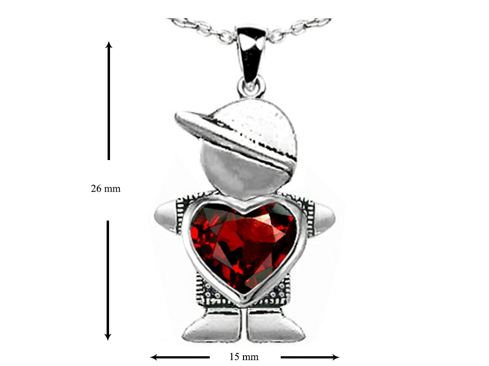 Star K Boy Holding 8mm Mother Heart January Birth Month Pendant Necklace with Simulated Garnet