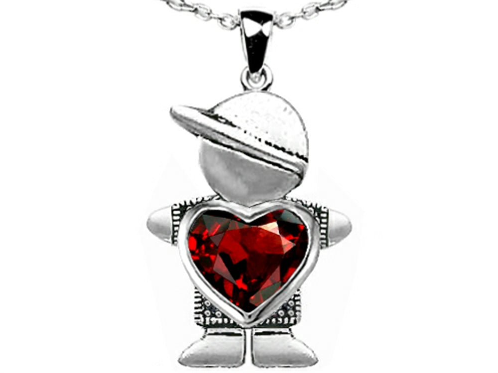 Star K Boy Holding 8mm Mother Heart January Birth Month Pendant Necklace with Simulated Garnet