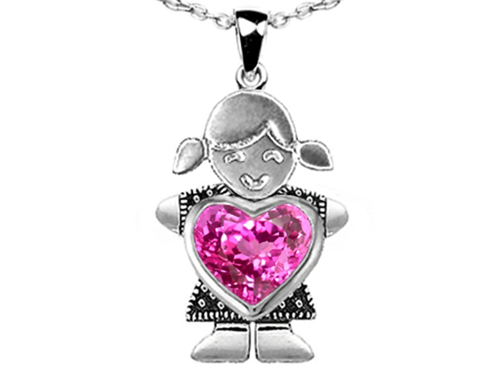 Star K Girl Holding 8mm Mother Heart September Birth Month Pendant Necklace with Created Pink Sapphire