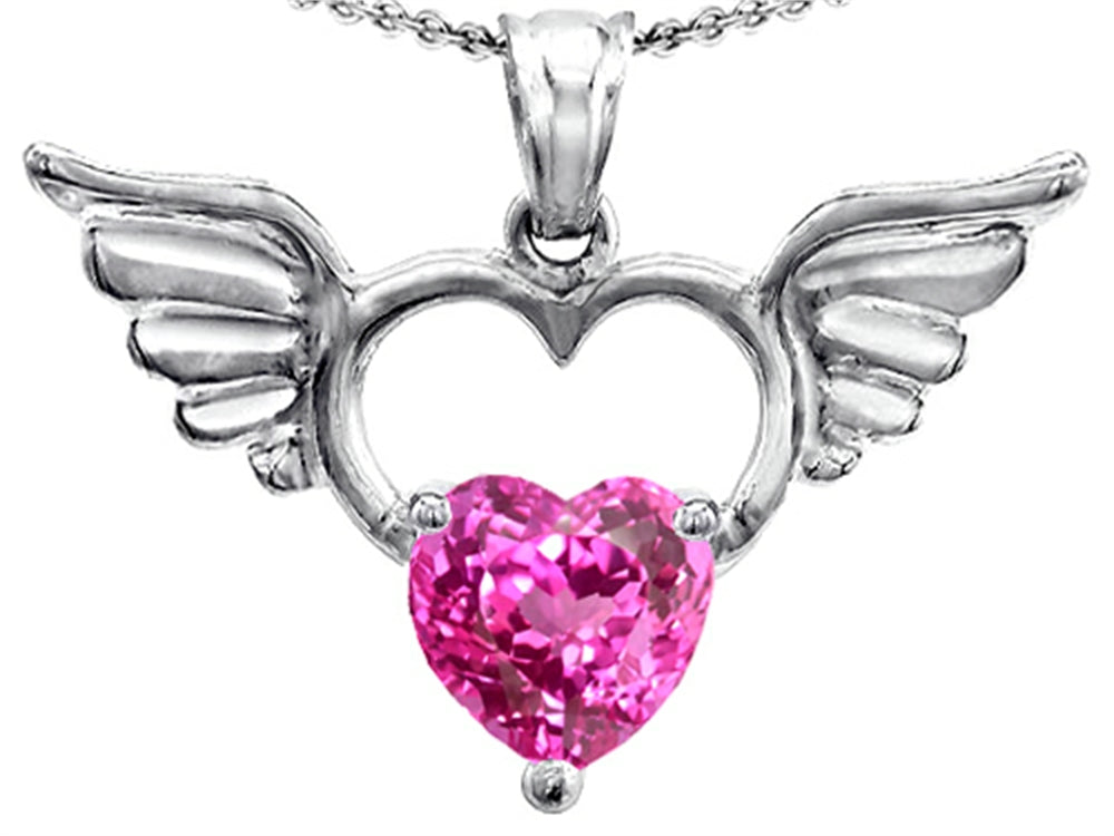 Star K Wings Of Love Birth Month Pendant Necklace with 8mm Heart Shape Created Pink Sapphire