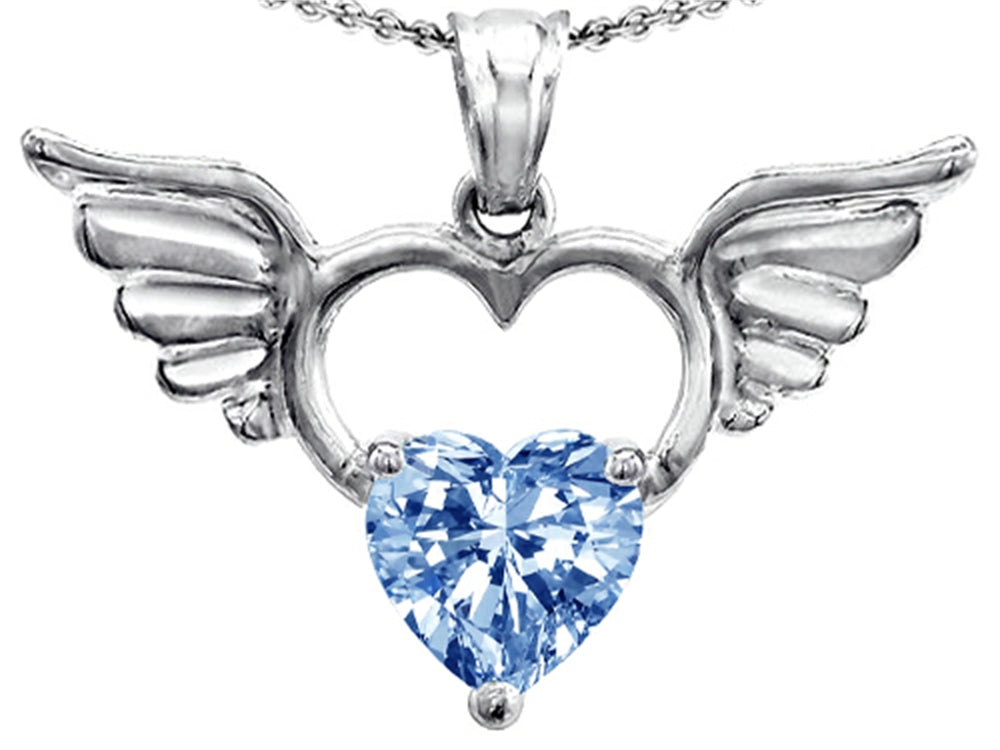 Star K Wings Of Love Birth Month Pendant Necklace with 8mm Heart Shape Simulated Aquamarine