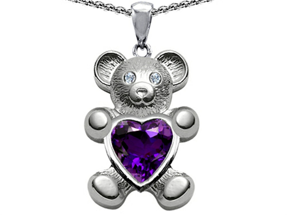 Star K Love Bear Holding Birth Month of February 8mm Heart Shape Simulated Amethyst Pendant Necklace