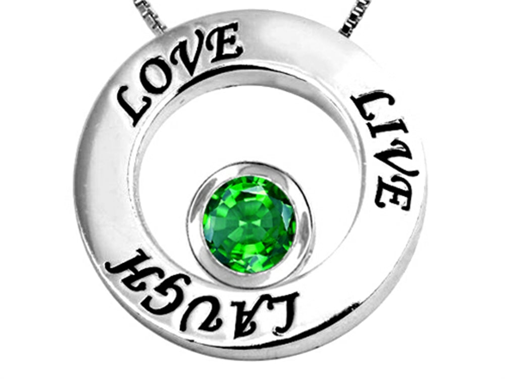 Star K Live/Love/Laugh Circle of Life Pendant Necklace with May Birth Month Round 7mm Simulated Emerald