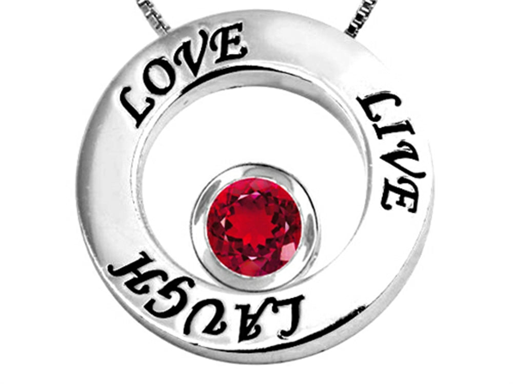 Star K Live/Love/Laugh Circle of Life Pendant Necklace with July Birth Month Round 7mm Created Ruby