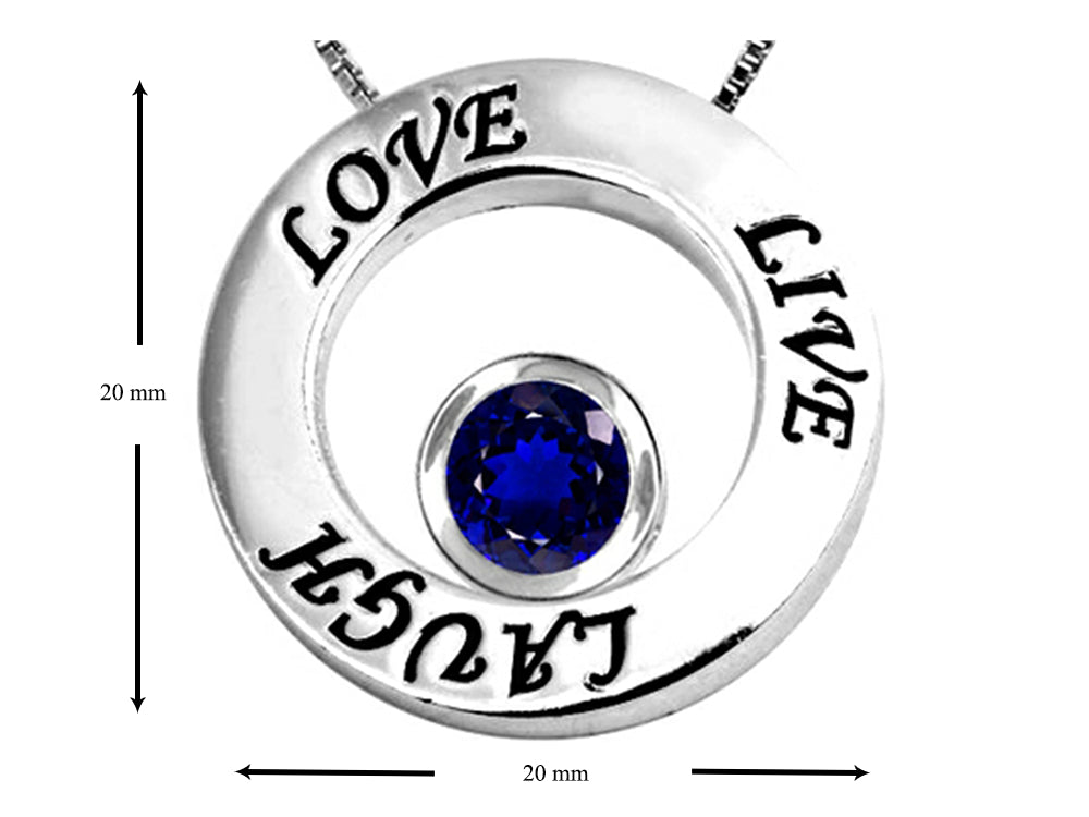 Star K Live/Love/Laugh Circle of Life Pendant Necklace with September Birth Month Round 7mm Created Sapphire