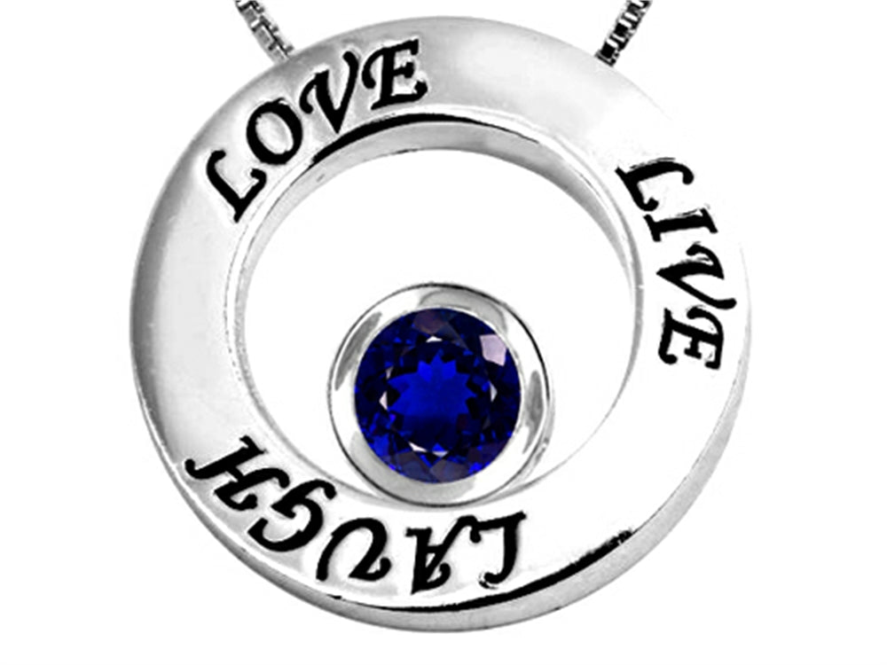 Star K Live/Love/Laugh Circle of Life Pendant Necklace with September Birth Month Round 7mm Created Sapphire