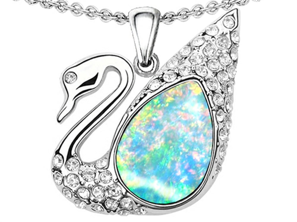 Star K .75inch Love Swan Pendant Necklace With Created Opal.