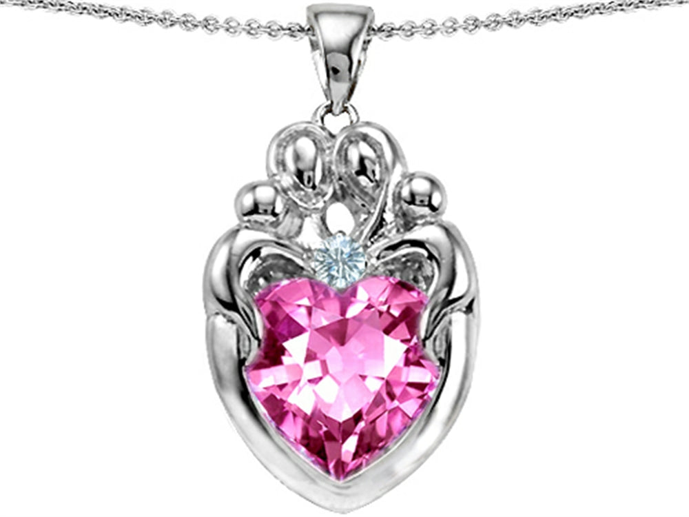 Star K Large Loving Mother Twin Family Pendant Necklace With 12mm Heart Created Pink Sapphire