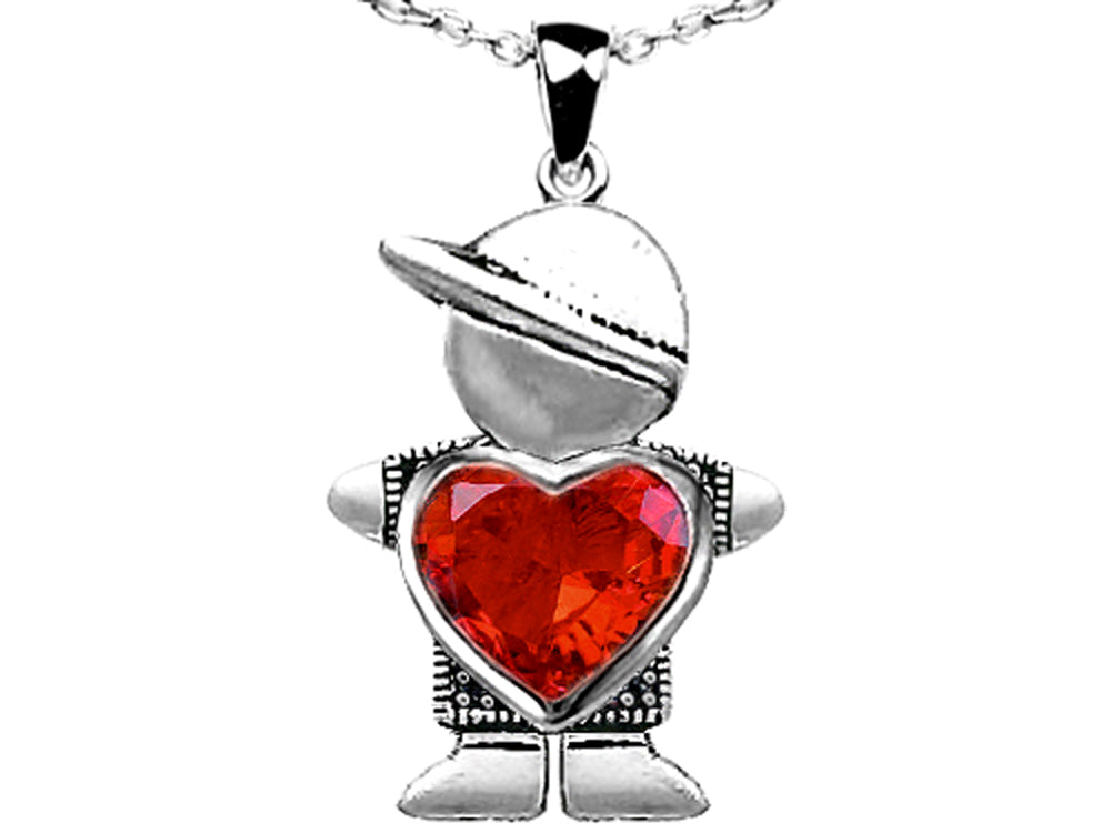 Star K Boy Holding 8mm Mother Heart October Birth Month Pendant Necklace with Simulated Mexican Fire Opal