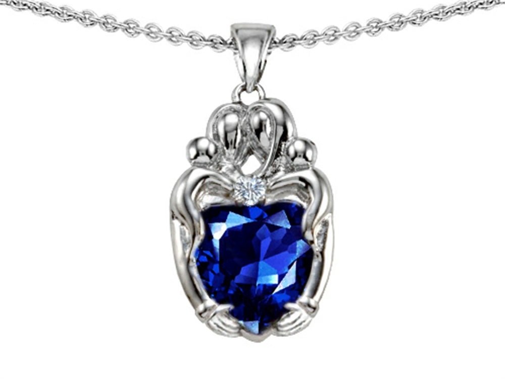Star K Loving Mother And Twins Family Pendant Necklace With Heart Shape Created Sapphire
