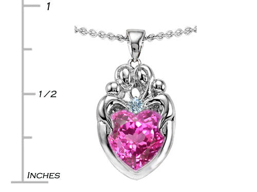 Star K Loving Mother Twins Family Pendant Necklace With 8mm Heart Created Pink Sapphire