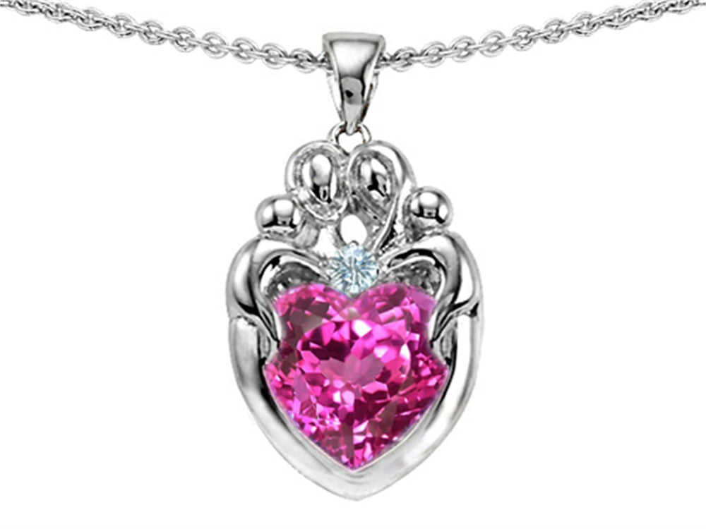 Star K Loving Mother Twins Family Pendant Necklace With 8mm Heart Created Pink Sapphire