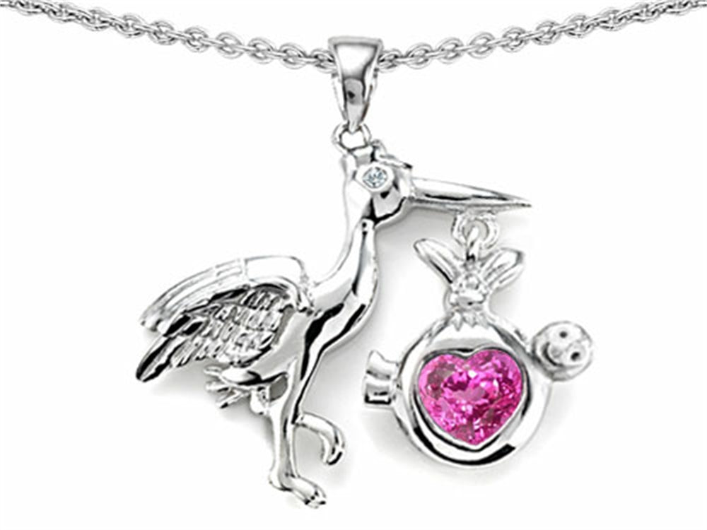 Star K Baby Stork Mother Pendant Necklace with Heart Shape Created Pink Sapphire