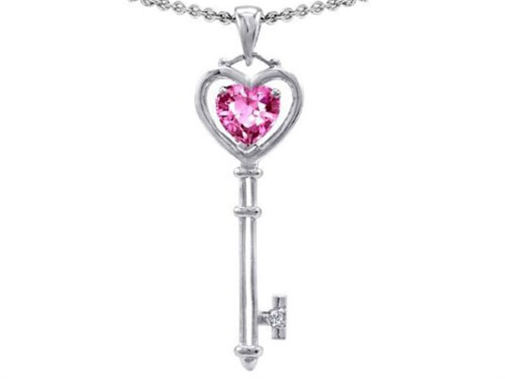 Tommaso Design™ Key to my Heart Love Key Pendant Necklace with Created Heart Shape Pink Sapphire