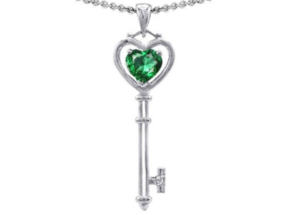 Tommaso Design Key to my Heart Love Key Pendant Necklace with Simulated Heart Shape Emerald
