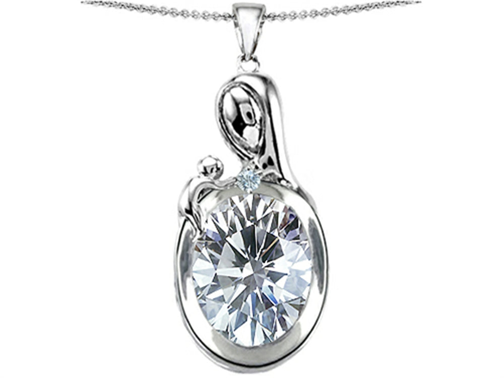 Star K Loving Mother With Child Family Pendant Necklace With Oval 11x9mm Genuine White Topaz