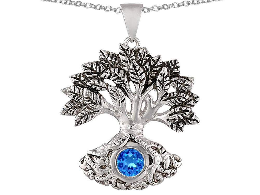 Star K Tree Of Life Good Luck Pendant Necklace With 7mm Round Simulated Blue Topaz
