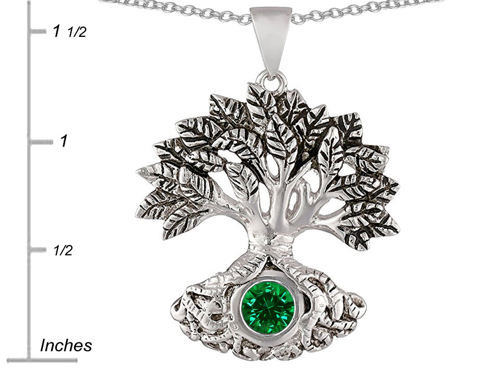 Star K Tree Of Life Good Luck Pendant Necklace With 7mm Round Simulated Emerald