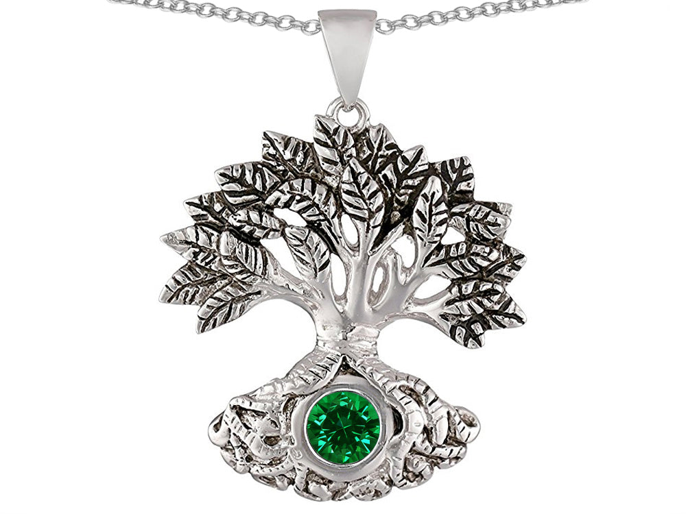 Star K Tree Of Life Good Luck Pendant Necklace With 7mm Round Simulated Emerald