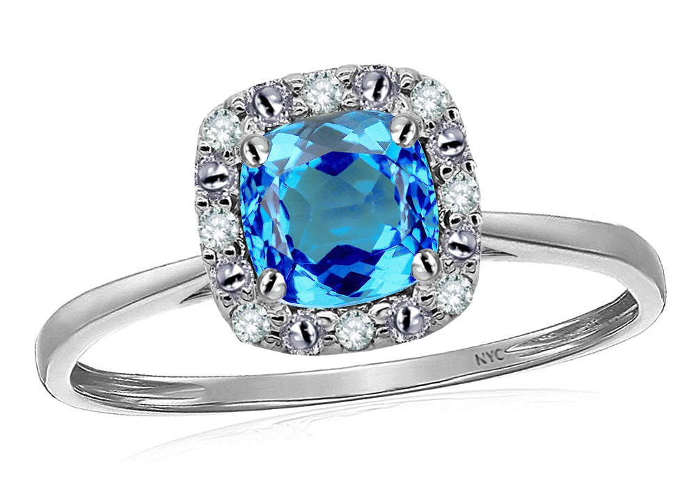Star K 10 kt White Gold Classic Cushion-Cut Blue Topaz Designer Halo Ring