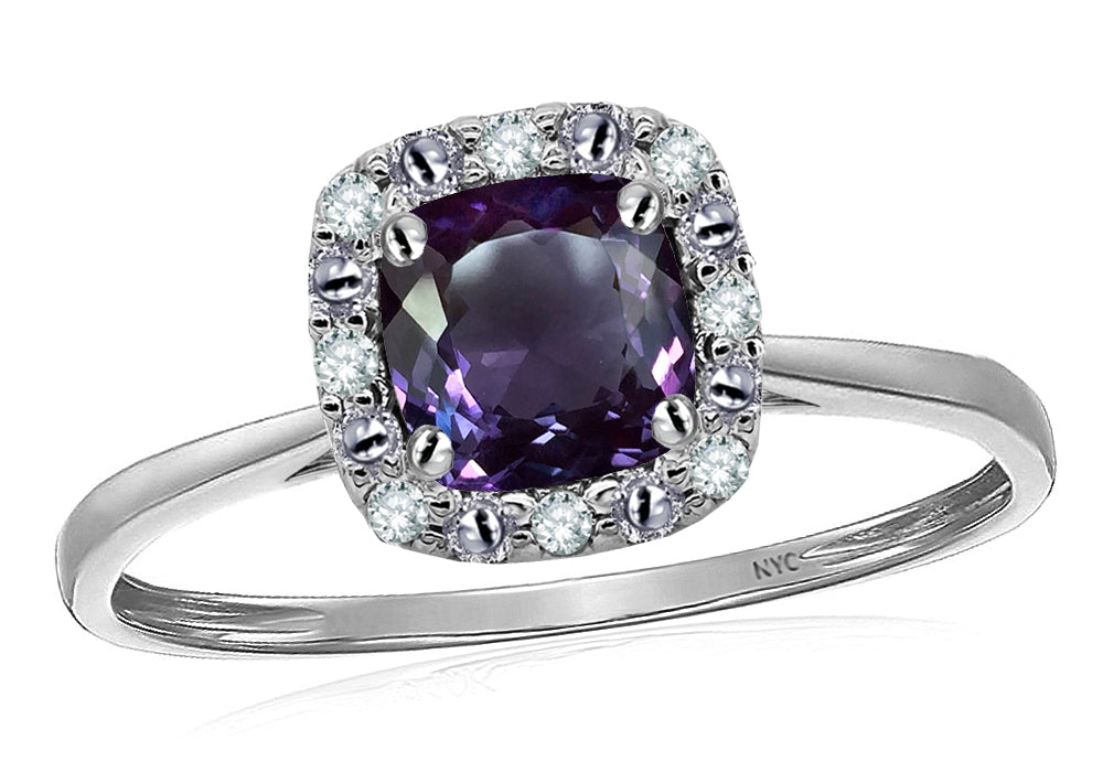 Star K 10 kt White Gold Classic Cushion-Cut Simulated Alexandrite Designer Halo Ring