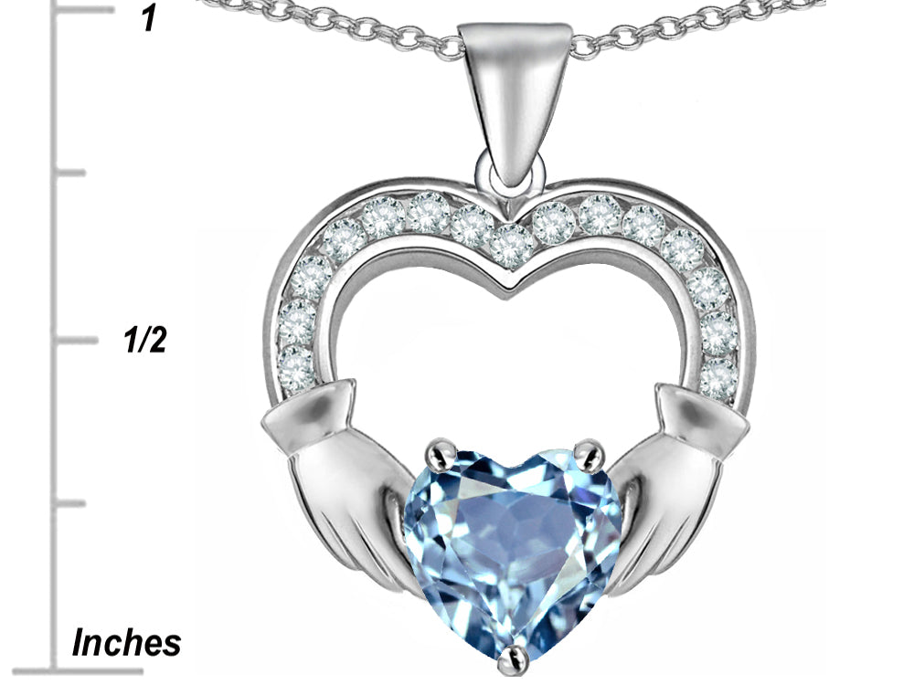 Star K Hands Holding 8mm Heart 1inch Claddagh Pendant Necklace With Simulated Aquamarine