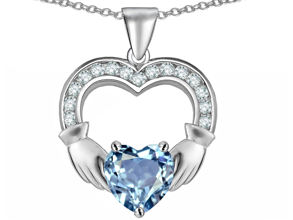 Star K Hands Holding 8mm Heart 1inch Claddagh Pendant Necklace With Simulated Aquamarine