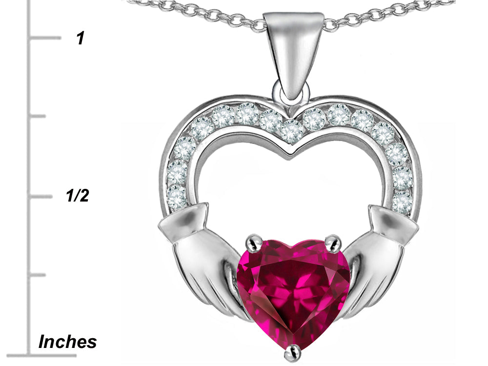 Star K Hands Holding 8mm Heart 1inch Claddagh Pendant Necklace With Created Pink Sapphire