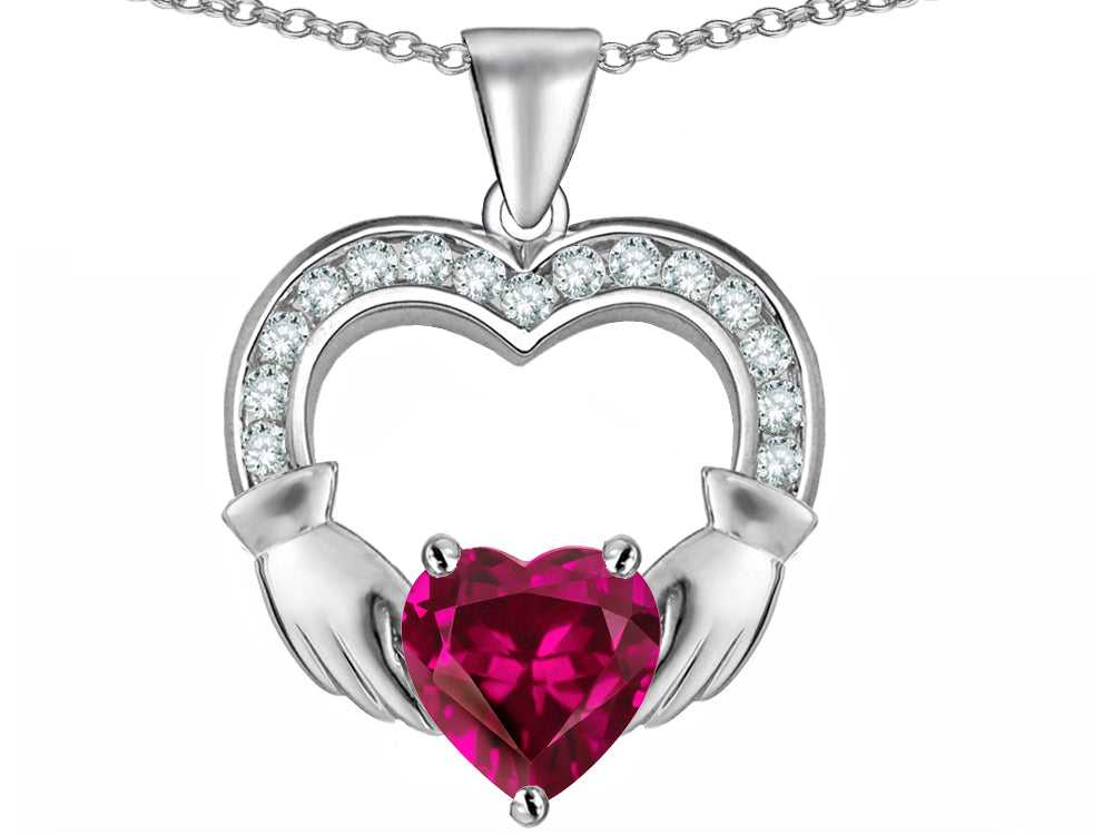 Star K Hands Holding 8mm Heart 1inch Claddagh Pendant Necklace With Created Pink Sapphire