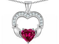 Star K Hands Holding 8mm Heart 1inch Claddagh Pendant Necklace With Created Pink Sapphire