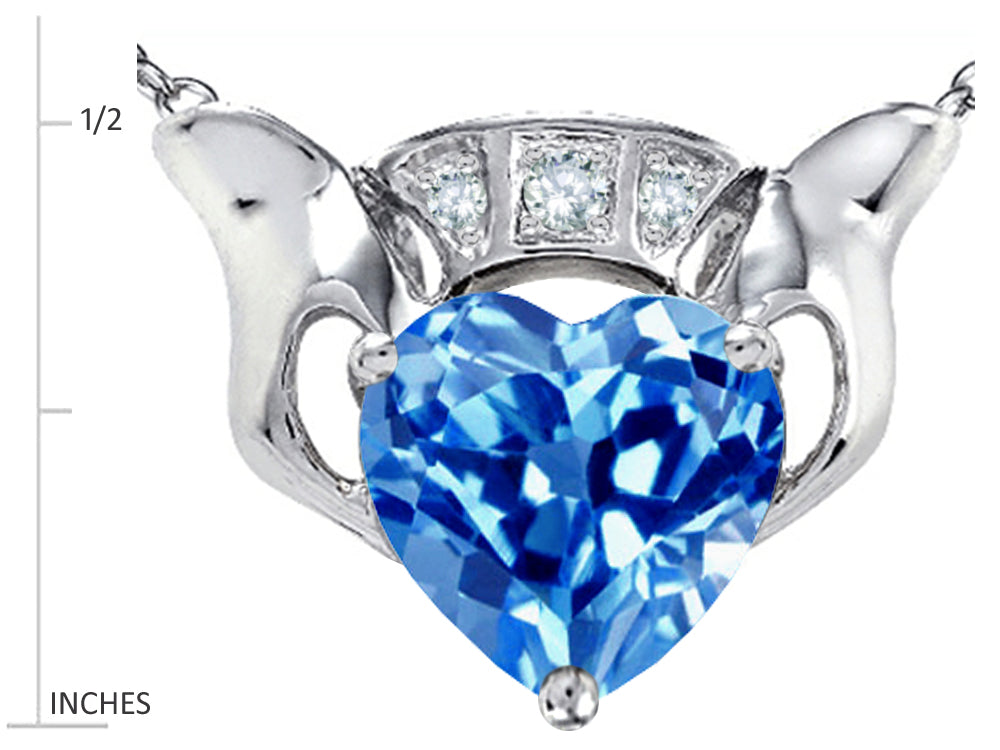 Star K 8mm Heart Claddagh Pendant Necklace With Simulated Blue Topaz