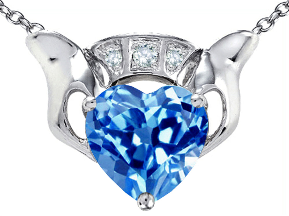 Star K 8mm Heart Claddagh Pendant Necklace With Simulated Blue Topaz