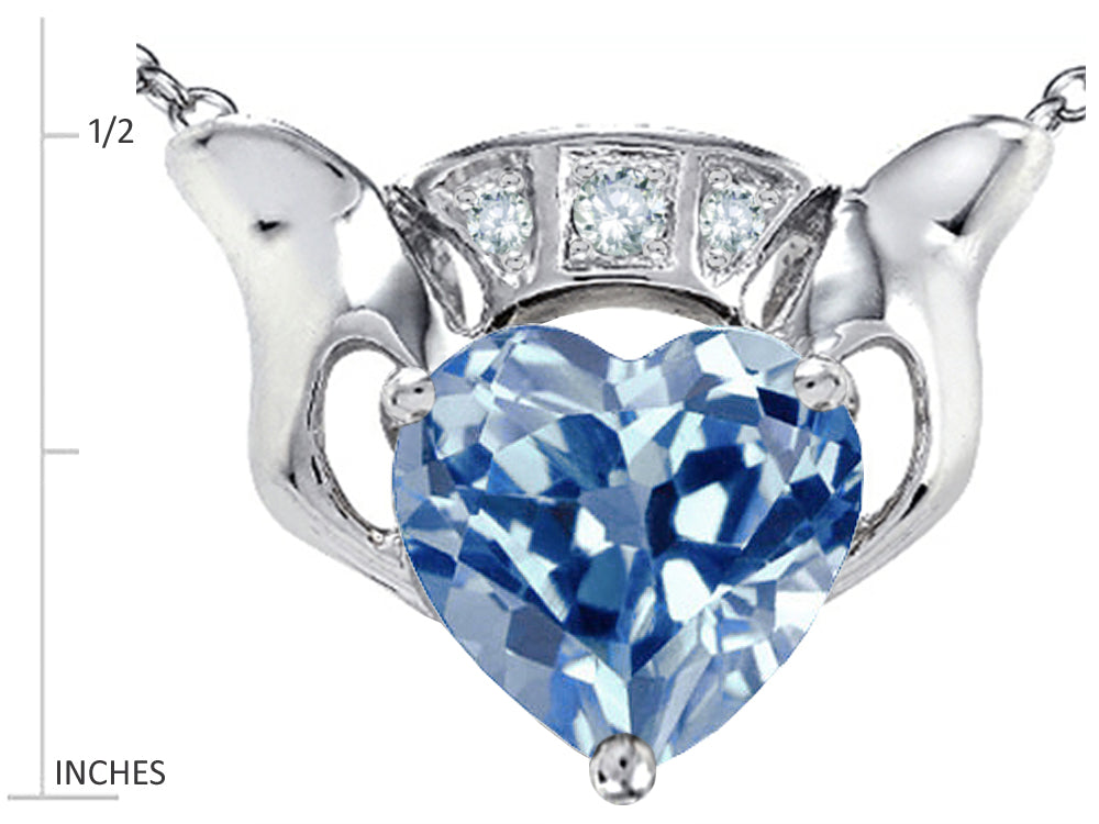 Star K 8mm Heart Claddagh Pendant Necklace With Simulated Aquamarine