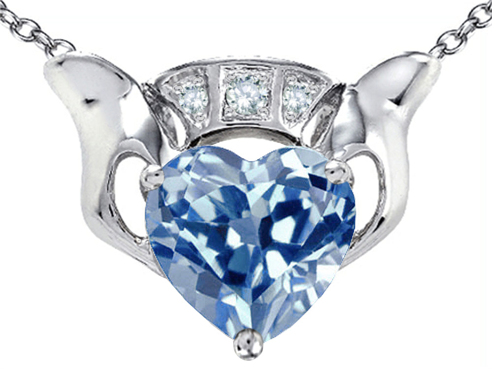 Star K 8mm Heart Claddagh Pendant Necklace With Simulated Aquamarine