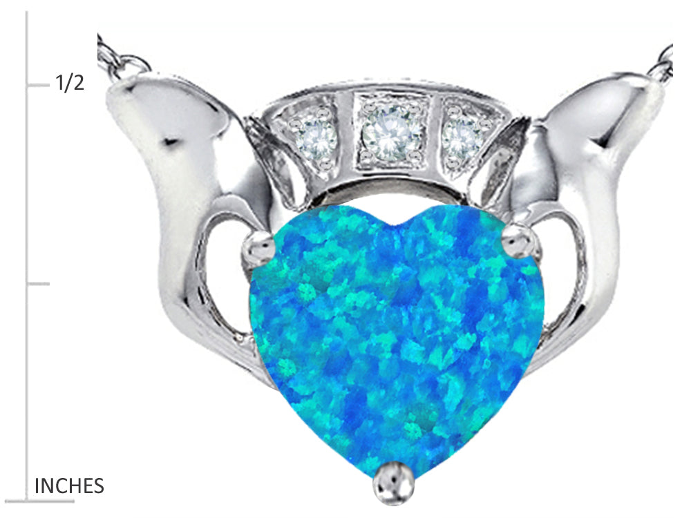 Star K 8mm Heart Claddagh Pendant Necklace Heart Shape Blue Created Opal and Cubic Zirconia